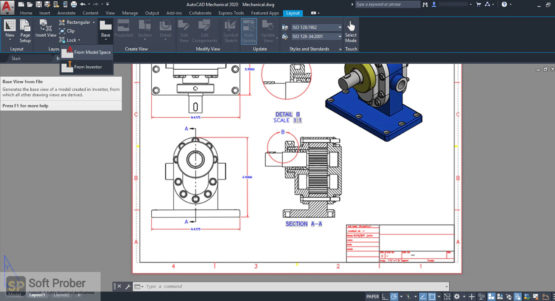 Black and white with gray 2D projection drawing of a 3d model drawn using autocad mechanical