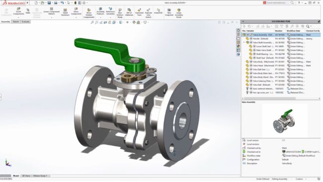 A screenshot showing the SolidWorks Interface and the Integrated PDM Task Pane, which promotes CAD file security