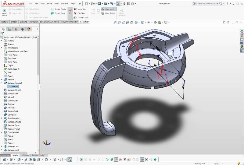 Screenshot of Polyga's XTract3D add-in running on SolidWorks