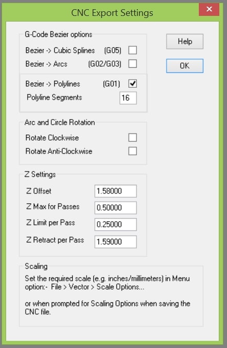 Scan2CAD CNC Export Settings Dialog Box