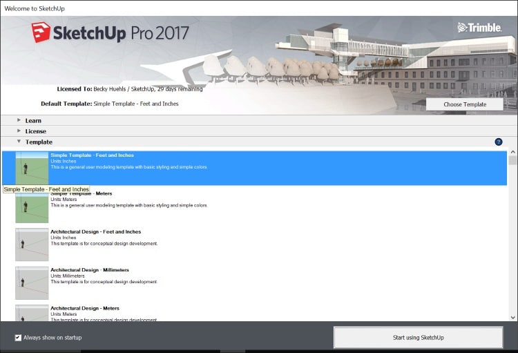 Screenshot of SketchUp's welcome