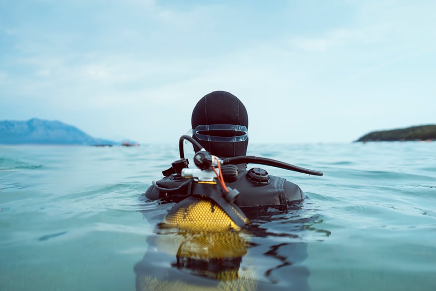Back view of scuba diver entering the water.