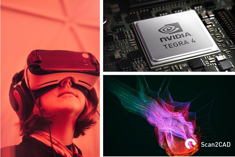 girls wearing virtual reality headset, Nvidia chip, graphic simulation 