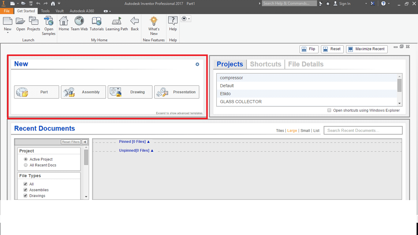 Autodesk Inventor launch screen, new area