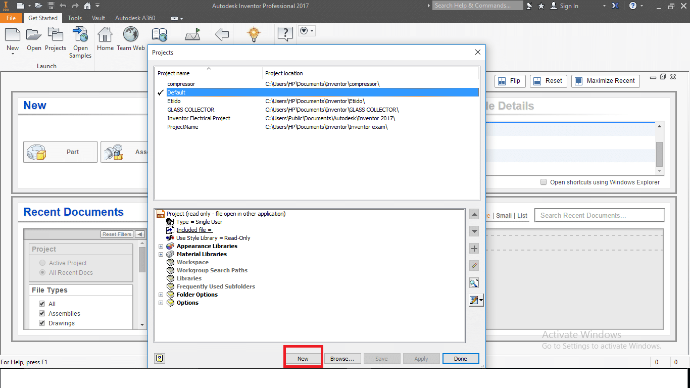 Autodesk Inventor new project button