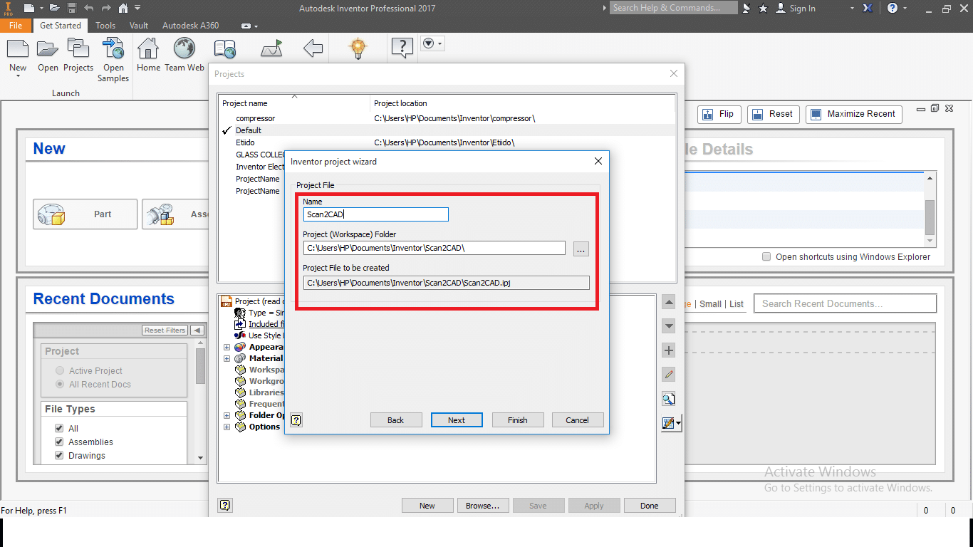 Autodesk Inventor new project wizard