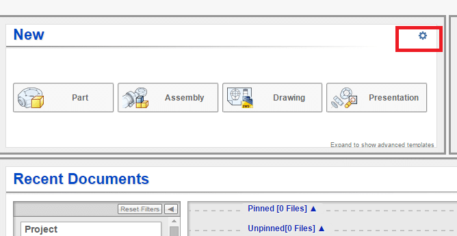 Autodesk Inventor settings icon for new parts