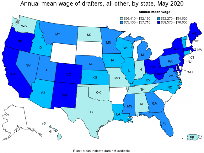 Average cad drafter salary per year in different states in the us