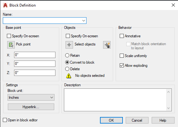 Block Definition Pop-up Window in AutoCAD