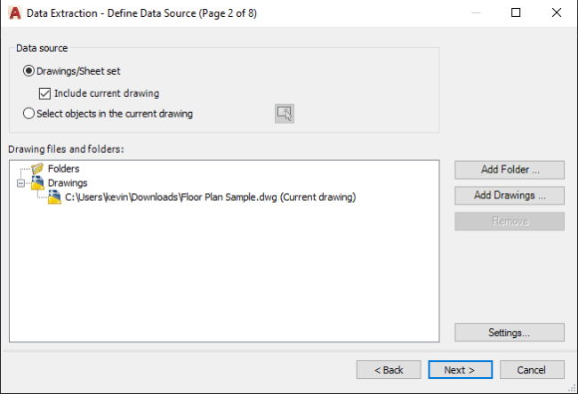 Data Extraction Wizard's Define Data Page in AutoCAD