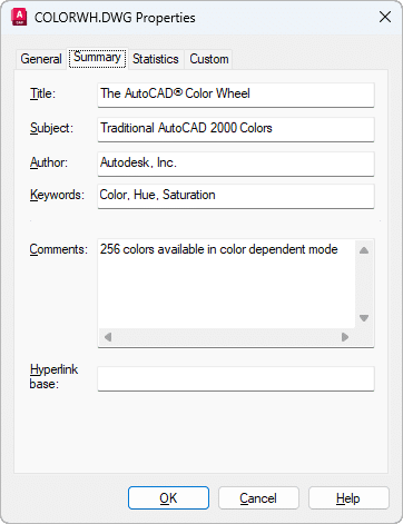 Image of AutoCAD’s Drawing Properties Dialog Box for Embedding Metadata in CAD Files