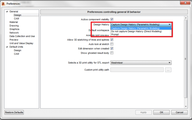 Autodesk Fusion 360 Preferences Dialog Box