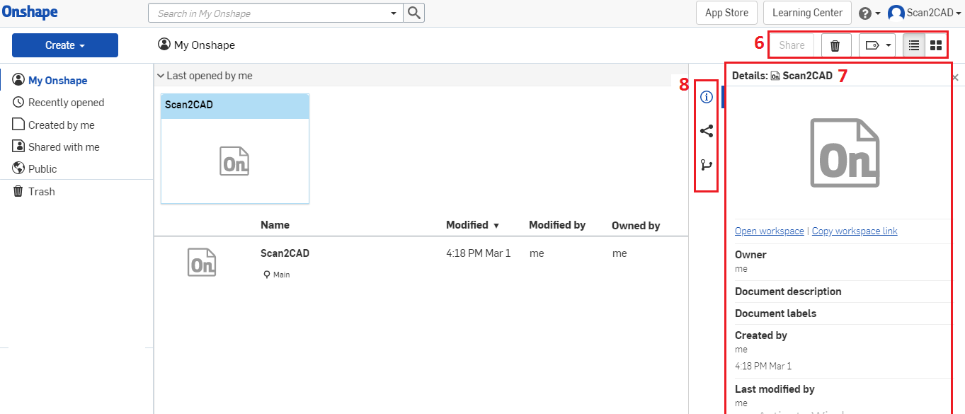 Onshape document flyout
