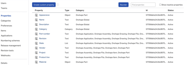 Screenshot of Properties/metadata Settings in Onshape