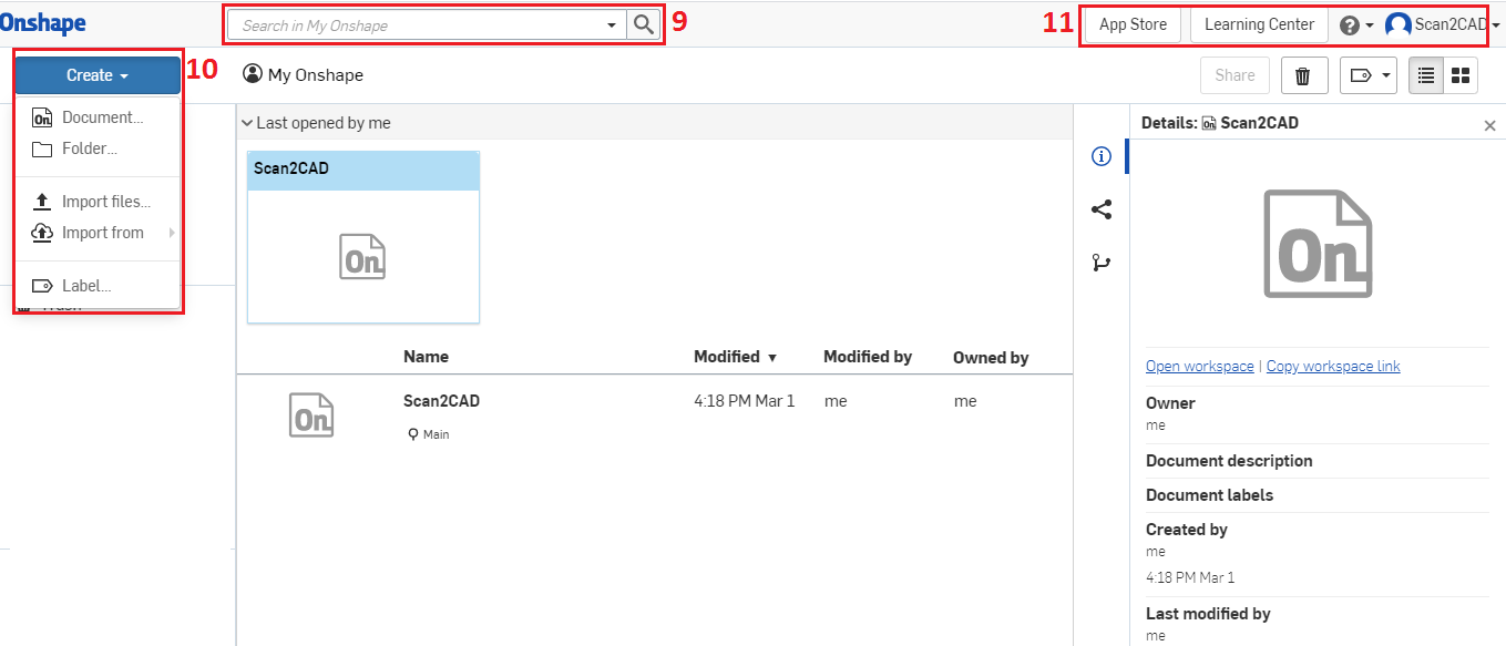 Onshape create button