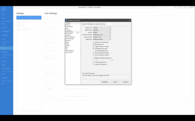 Preferences window on microstation