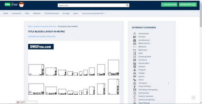 Black, gray and white preview of a title blocks layout in metric in dwgfree website