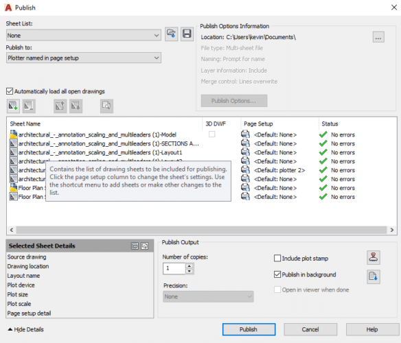 Publish Dialog Box in AutoCAD