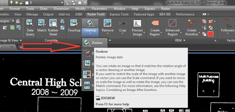 Selecting Deskew in Autodesk Raster Design