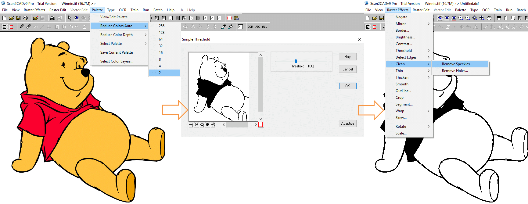 reduce colour and clean raster image in scan2cad