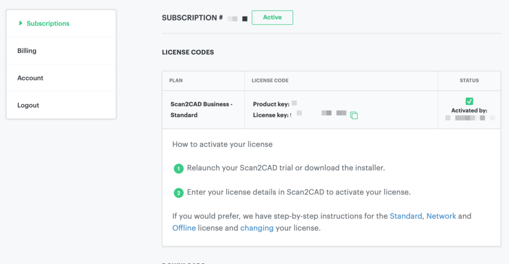 Scan2CAD user account view