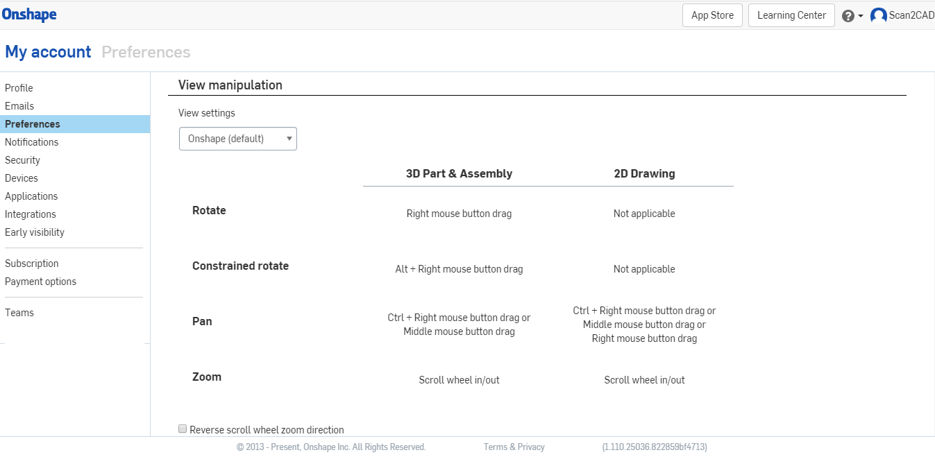 Onshape settings and view