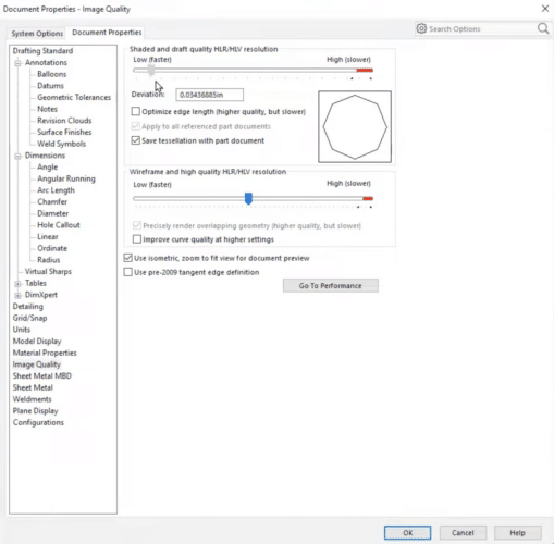 SolidWorks Document Properties Dialog Box Enabling You to Optimise CAD File Size