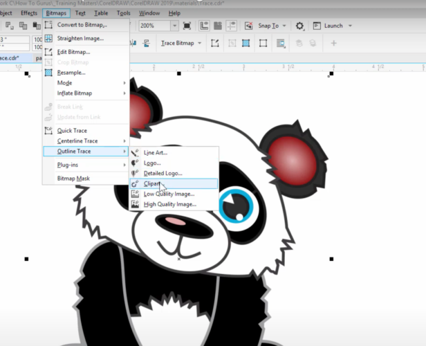 Trace bitmap menu option in CorelDraw