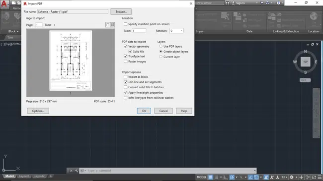 AutoCAD Import PDF Options Window