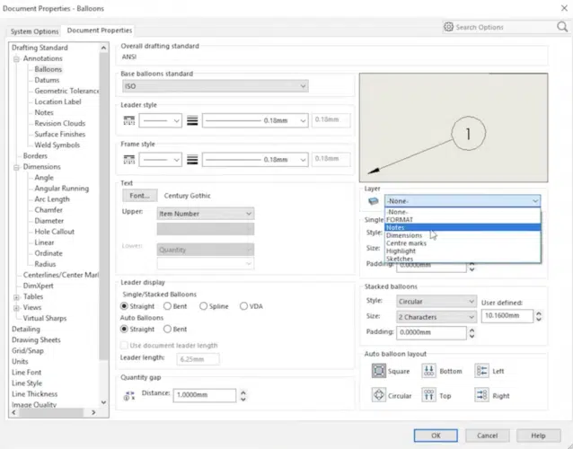 Image showing the document properties window in SolidWorks for CAD layer management