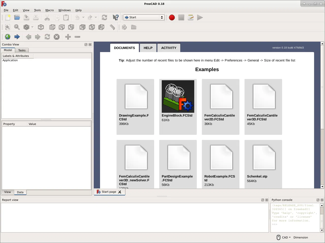 FreeCAD version 0.18 start page