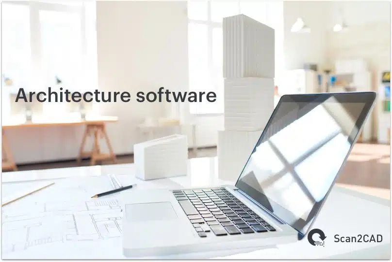 Laptop, paper architect drawing on desk - Architecture Software