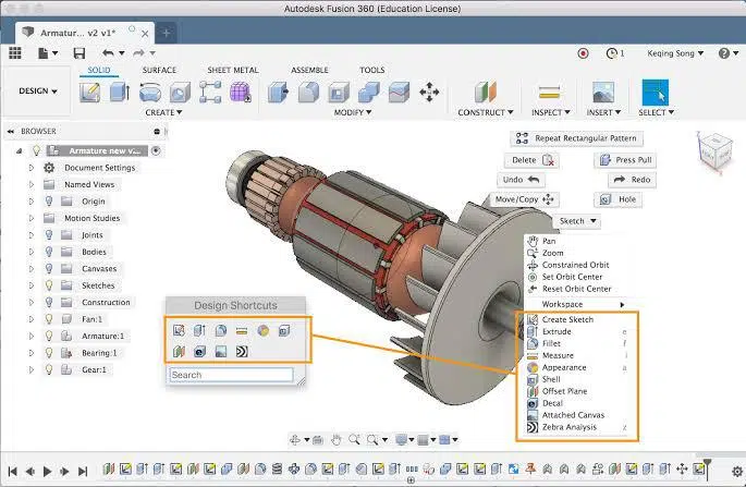3D modeling in Fusion 360 screenshot