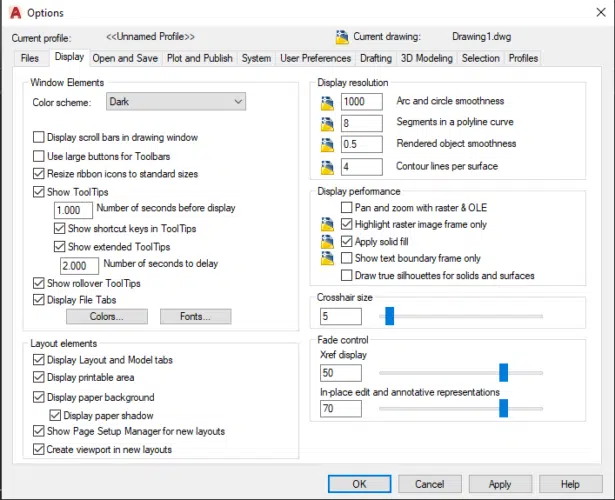 Options Dialog Box in AutoCAD
