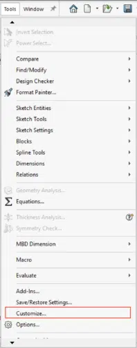 Tools Dropdown Menu in SolidWorks
