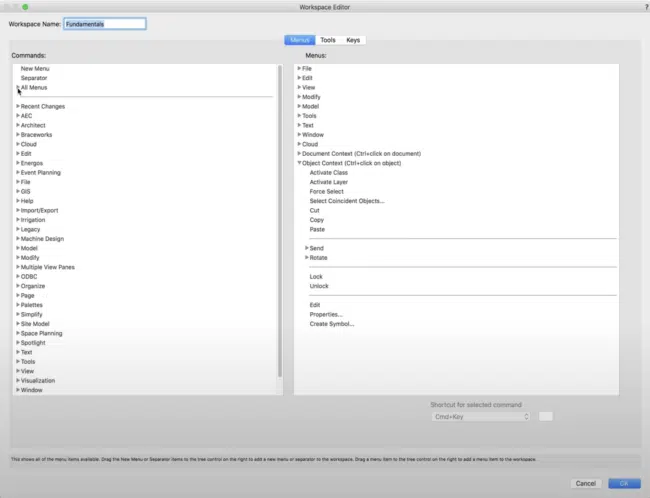Image of the Workspace Editor in Vectorworks